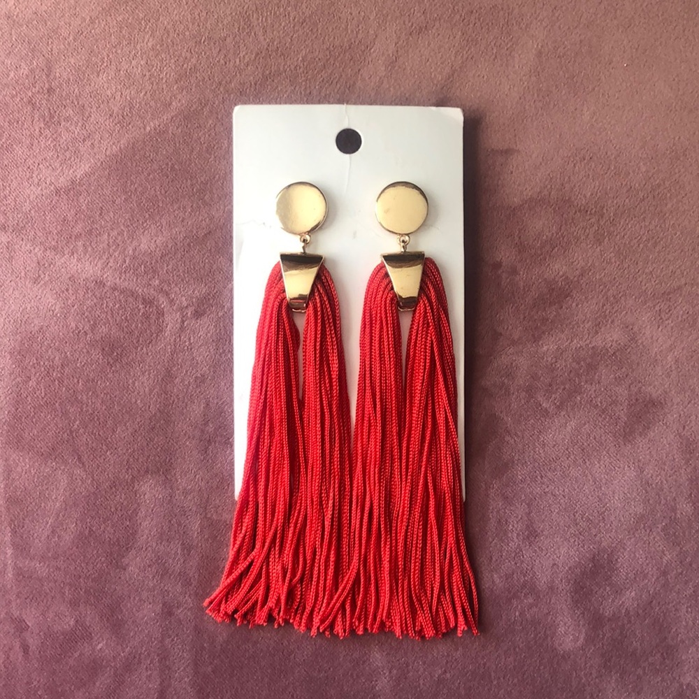 H&M Orangey Red and Gold Tassel Statement Earrings